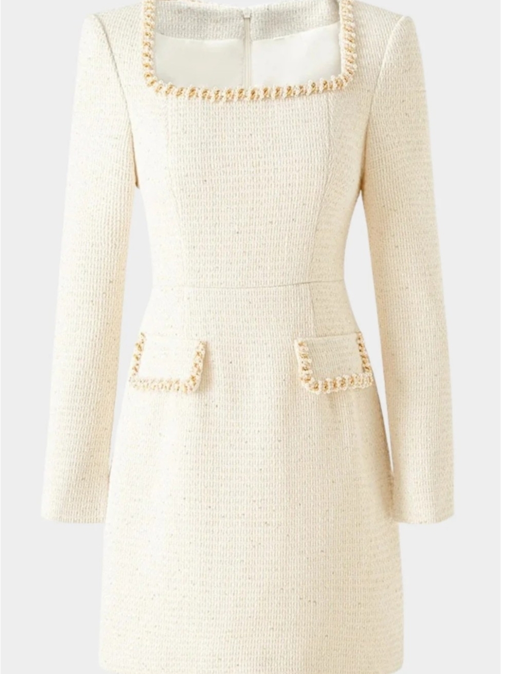 Cream Tweed Square-Neck Long Sleeve Dress